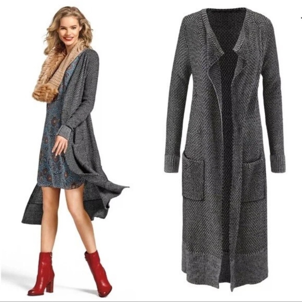 CAbi Lara Duster Cardigan Sweater Gray Black Knit w/ pockets